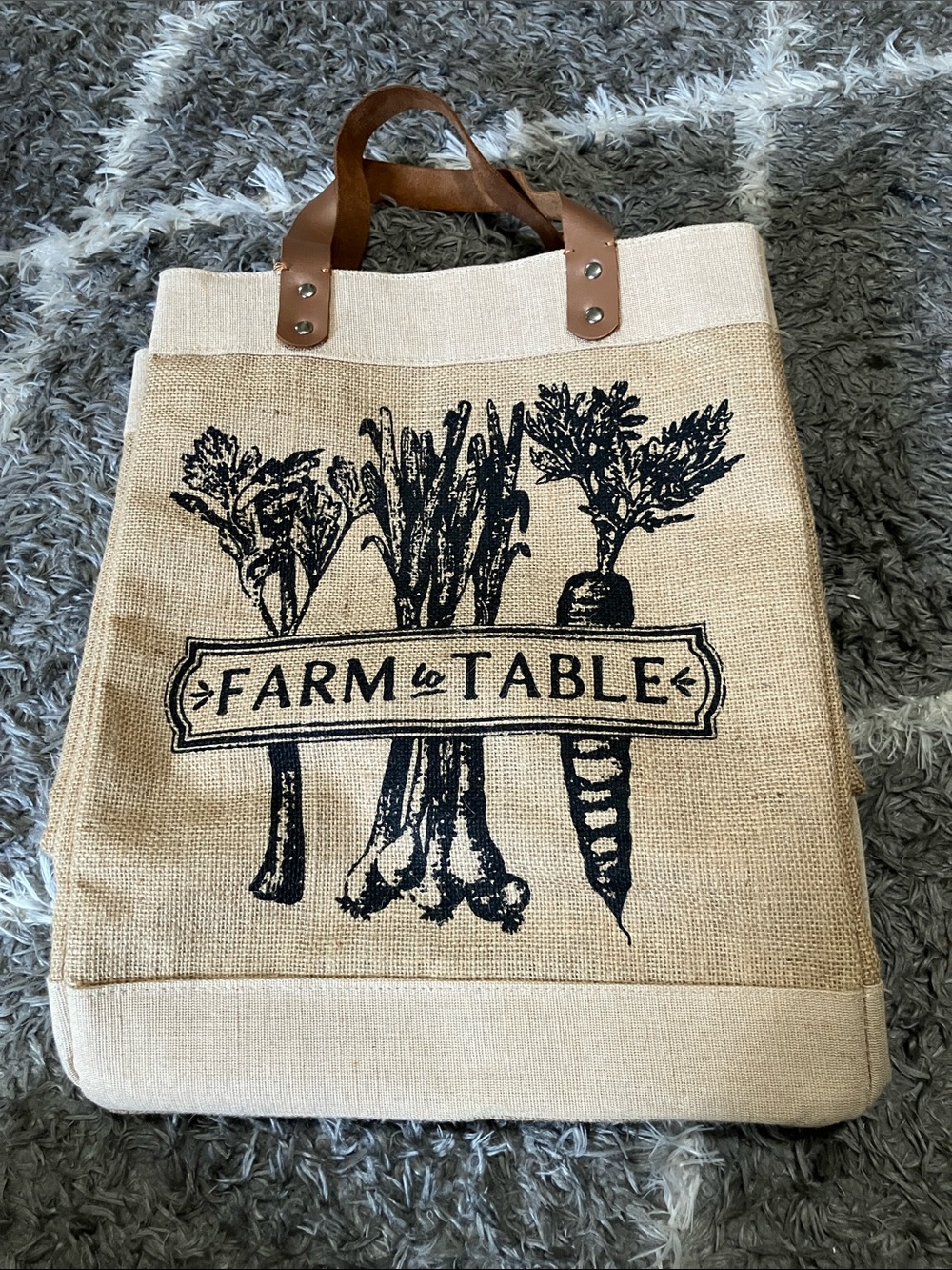 Farm to Table Burlap Tote Bag with Brown Leather Handles
